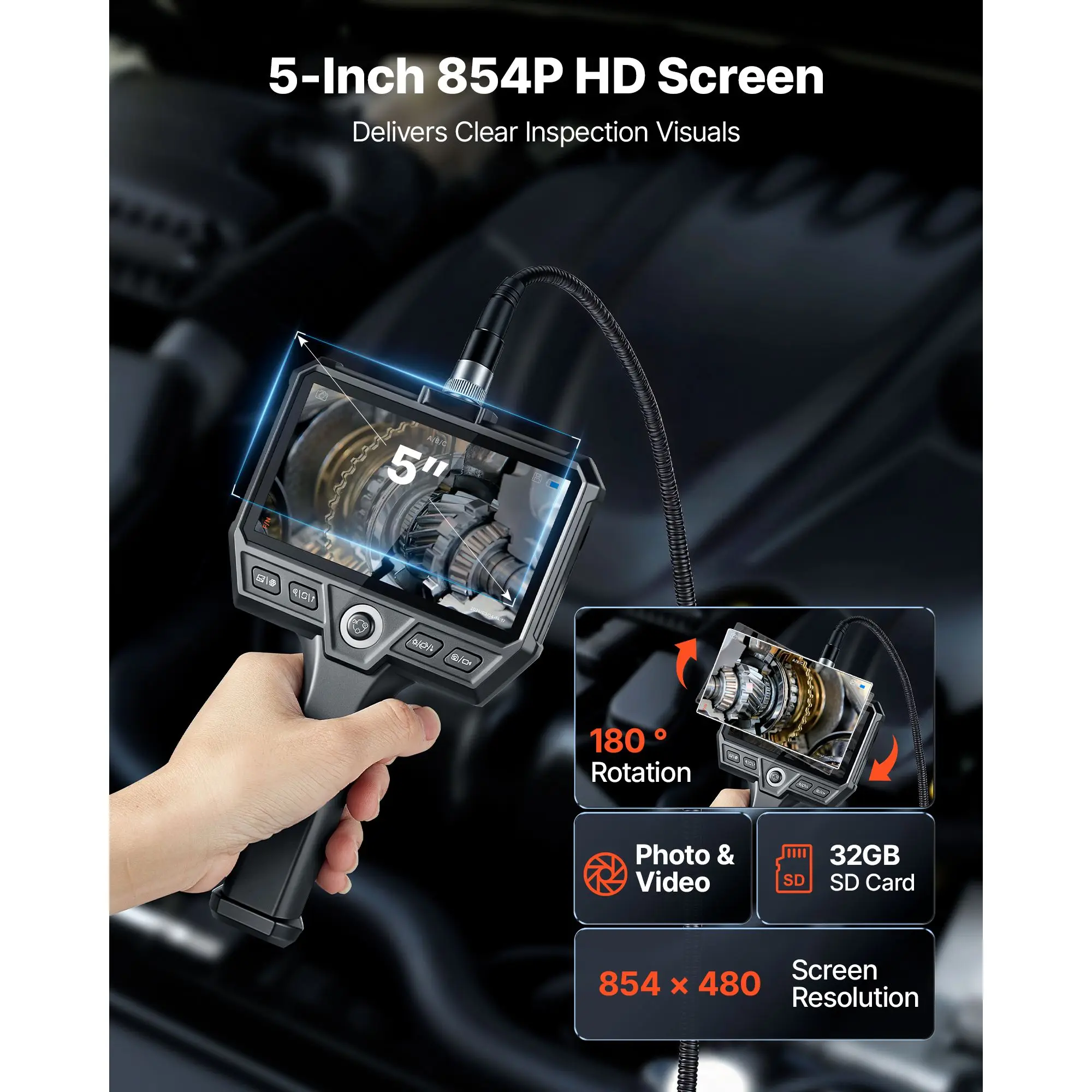 Triple Lens Endoscope with Light, 5" HD IPS Screen Industrial Borescope Camera, 8 + 2 LED Lights, 8X Zoom, 5000mAh, IP67 Waterproof Inspection Snake Camera for Automotive, Plumbing (4.9FT Cable)
Triple Lens Endoscope with Light, 5" HD IPS Screen Industrial Borescope Camera, 8 + 2 LED Lights, 8X Zoom, 5000mAh, IP67 Waterproof Inspection Snake Camera for Automotive, Plumbing (4.9FT Cable)