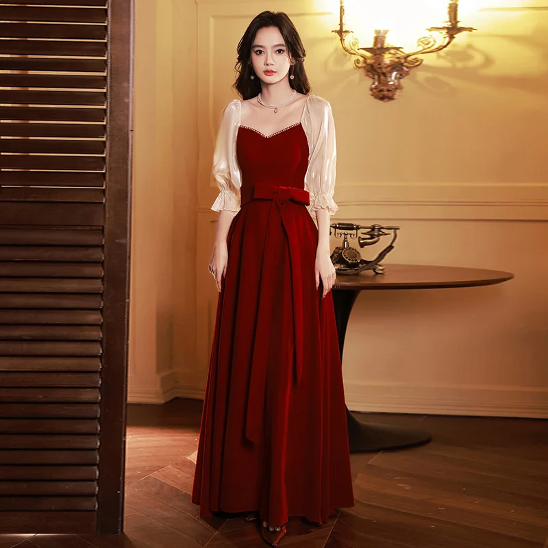 Burgundy Velvet Evening Dress Off Shoulder Long Sleeve Beaded Square Collar Engagement Dresses Lace up Bow Wedding Party Gown
Burgundy Velvet Evening Dress Off Shoulder Long Sleeve Beaded Square Collar Engagement Dresses Lace up Bow Wedding Party Gown