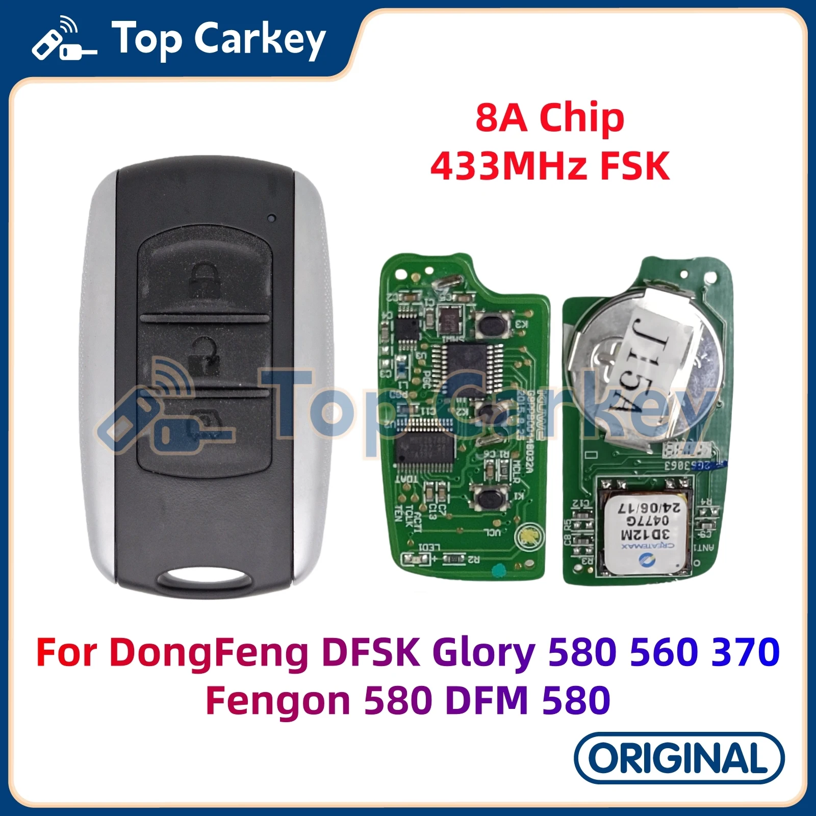TopCarkey Original Smart Remote Key ID8A Chip 433MHz for DongFeng DFSK Glory 580 560 Fengon 580 DFM 580
TopCarkey Original Smart Remote Key ID8A Chip 433MHz for DongFeng DFSK Glory 580 560 Fengon 580 DFM 580