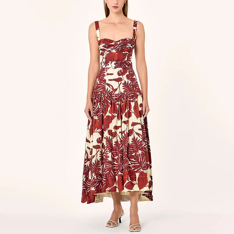 Vacation Style Spaghetti Strap Printed Maxi Dress 2025 Summer Retro New Pleated Design High Waist Slimming Long Dress Women
Vacation Style Spaghetti Strap Printed Maxi Dress 2025 Summer Retro New Pleated Design High Waist Slimming Long Dress Women