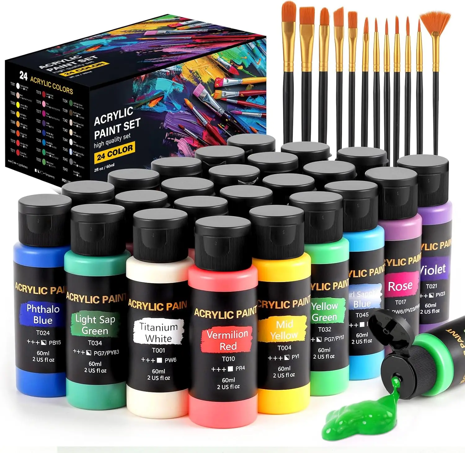 24-Color Acrylic Paint Set, 2oz Each, with 12 Brushes for Canvas, Wood, Fabric
24-Color Acrylic Paint Set, 2oz Each, with 12 Brushes for Canvas, Wood, Fabric