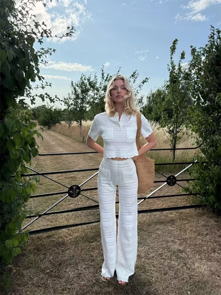 Susan Australian Fashion Casual Hollow out Knitted White Short Sleeve Top Wide Leg Pants Set Women's Winter Season Two-Piece Set
Susan Australian Fashion Casual Hollow out Knitted White Short Sleeve Top Wide Leg Pants Set Women's Winter Season Two-Piece Set