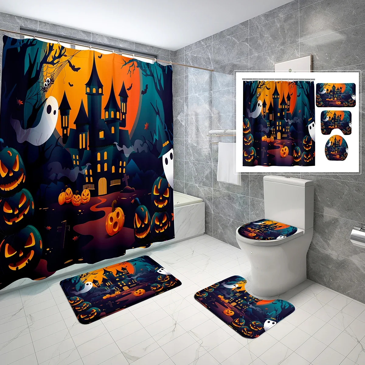 4 Pcs Halloween Shower Curtain Sets with Toilet Lid Cover and Bath Mat Night Pumpkin Lantern Waterproof Bathroom Decor Sets
4 Pcs Halloween Shower Curtain Sets with Toilet Lid Cover and Bath Mat Night Pumpkin Lantern Waterproof Bathroom Decor Sets