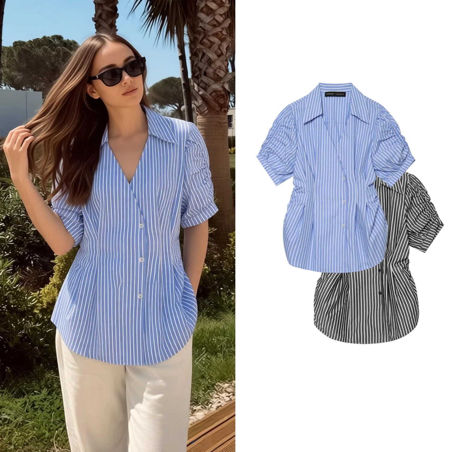 Women's Casual Striped Shirts Summer Female High Street Short Sleeve Waist-Cinching Blouses Lady OL Elegant Chic Shirt Tops
Women's Casual Striped Shirts Summer Female High Street Short Sleeve Waist-Cinching Blouses Lady OL Elegant Chic Shirt Tops