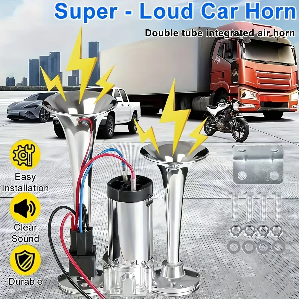 12V Extremely Loud Dual Trumpet Vehicle Air Horn, Chrome-Finished Heavy-Duty Horn Producing a Strong Warning Sound, Ideal for Any 12V SUV, Motorcycle, Truck, Pickup, Train, Or Boat, Aluminum Alloy Golden Universal Electric Dual Horn Air Horn
12V Extremely Loud Dual Trumpet Vehicle Air Horn, Chrome-Finished Heavy-Duty Horn Producing a Strong Warning Sound, Ideal for Any 12V SUV, Motorcycle, Truck, Pickup, Train, Or Boat, Aluminum Alloy Golden Universal Electric Dual Horn Air Horn