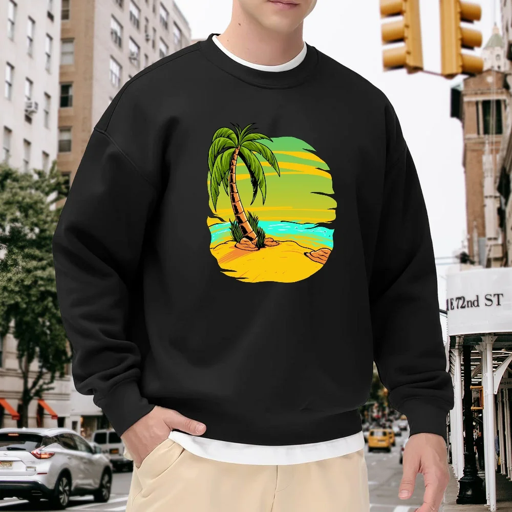 Men's Black Crew Neck Sweatshirt, Loose Fit with Coconut Tree Print, Casual Street Style Versatile Top, Comfortable and Breathable for Everyday Wear
Men's Black Crew Neck Sweatshirt, Loose Fit with Coconut Tree Print, Casual Street Style Versatile Top, Comfortable and Breathable for Everyday Wear