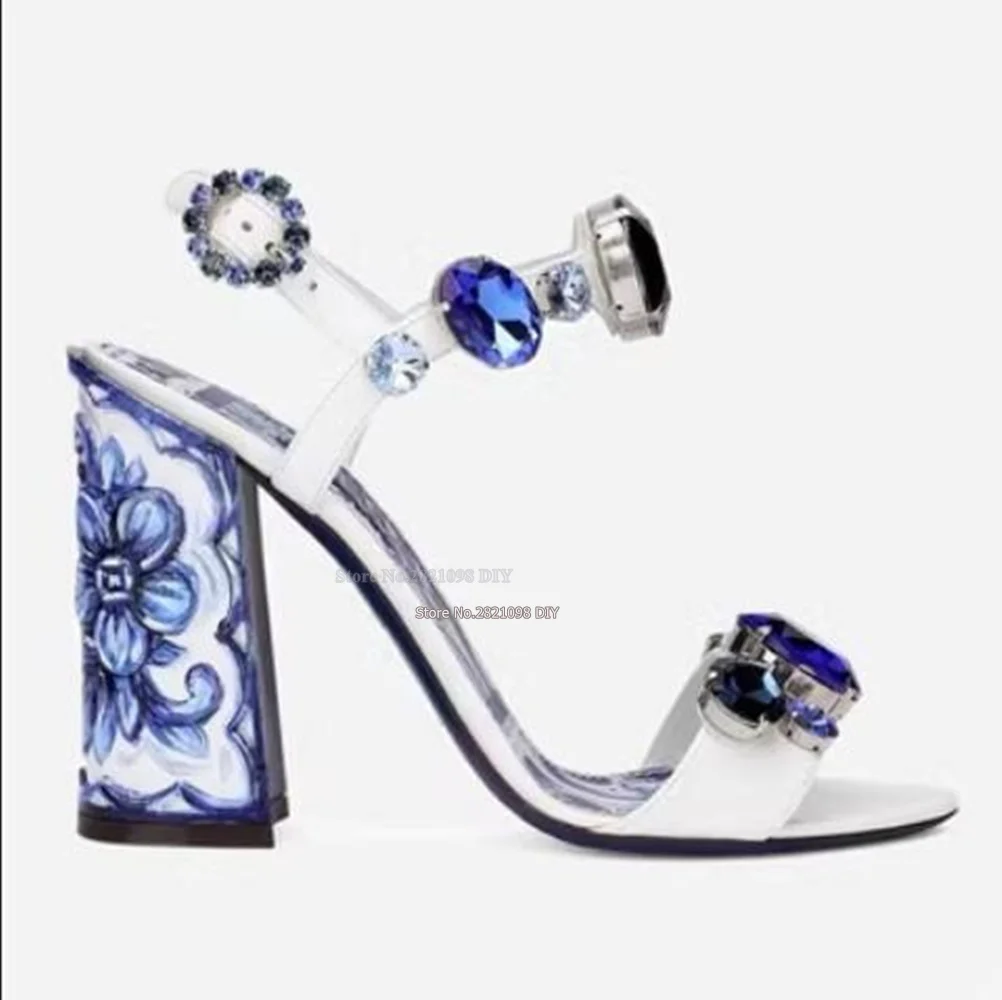 Crystal Embellished Sandals Block Heeled Sandals Majolica Floral Print Watercolour Mediterranean Women High Heel Summer Shoes
Crystal Embellished Sandals Block Heeled Sandals Majolica Floral Print Watercolour Mediterranean Women High Heel Summer Shoes