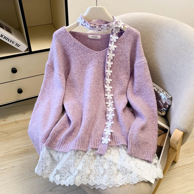 ALPHALMODA 2025, Autumn New, Lace Splicing, V-neck Sweater, for Women, Gentle Lazy Style, Loose Top, Trendy Fashion Jumper
ALPHALMODA 2025, Autumn New, Lace Splicing, V-neck Sweater, for Women, Gentle Lazy Style, Loose Top, Trendy Fashion Jumper