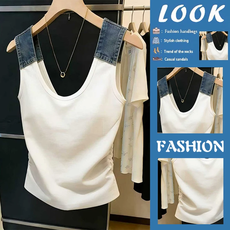 Hong Kong Style Denim Patchwork Women's Summer Design Vest Top Breathable Short Sleeve round Neck Color Block Fashion Sun Pro...
Hong Kong Style Denim Patchwork Women's Summer Design Vest Top Breathable Short Sleeve round Neck Color Block Fashion Sun Pro...