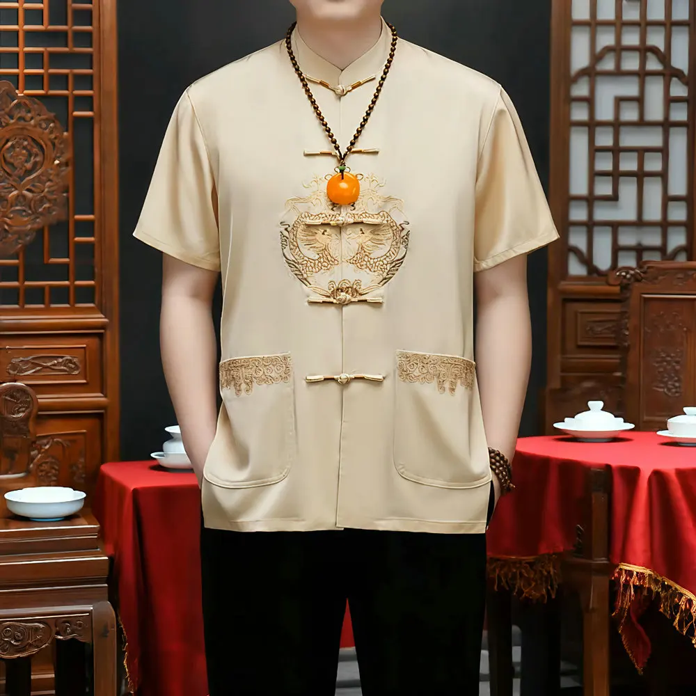 Men's Dragon-Embroidered Silk Shirt Summer Essential Red Navy Beige Short Sleeve Tang Style Tops Oriental Mandarin Collar Tunic
Men's Dragon-Embroidered Silk Shirt Summer Essential Red Navy Beige Short Sleeve Tang Style Tops Oriental Mandarin Collar Tunic