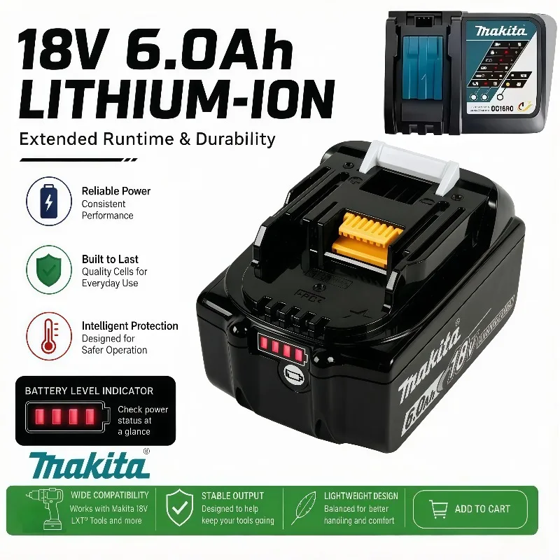 BL1860B 18V 6.0Ah lithium battery pack with Makita logo suitable for use with all Makita 18V cordless tools
BL1860B 18V 6.0Ah lithium battery pack with Makita logo suitable for use with all Makita 18V cordless tools