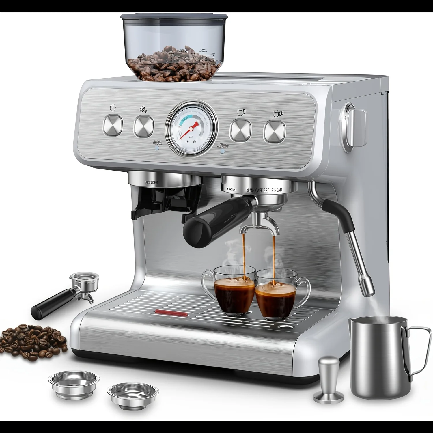 20 Bar Espresso Machine with Grinder & Milk Frother Steam Wand, Tamping Tools, Expresso Coffee Machines 58mm Commercial Espresso Maker for Home & Office, Perfect for Latte, Cappuccino(2025 Upgrade)
20 Bar Espresso Machine with Grinder & Milk Frother Steam Wand, Tamping Tools, Expresso Coffee Machines 58mm Commercial Espresso Maker for Home & Office, Perfect for Latte, Cappuccino(2025 Upgrade)