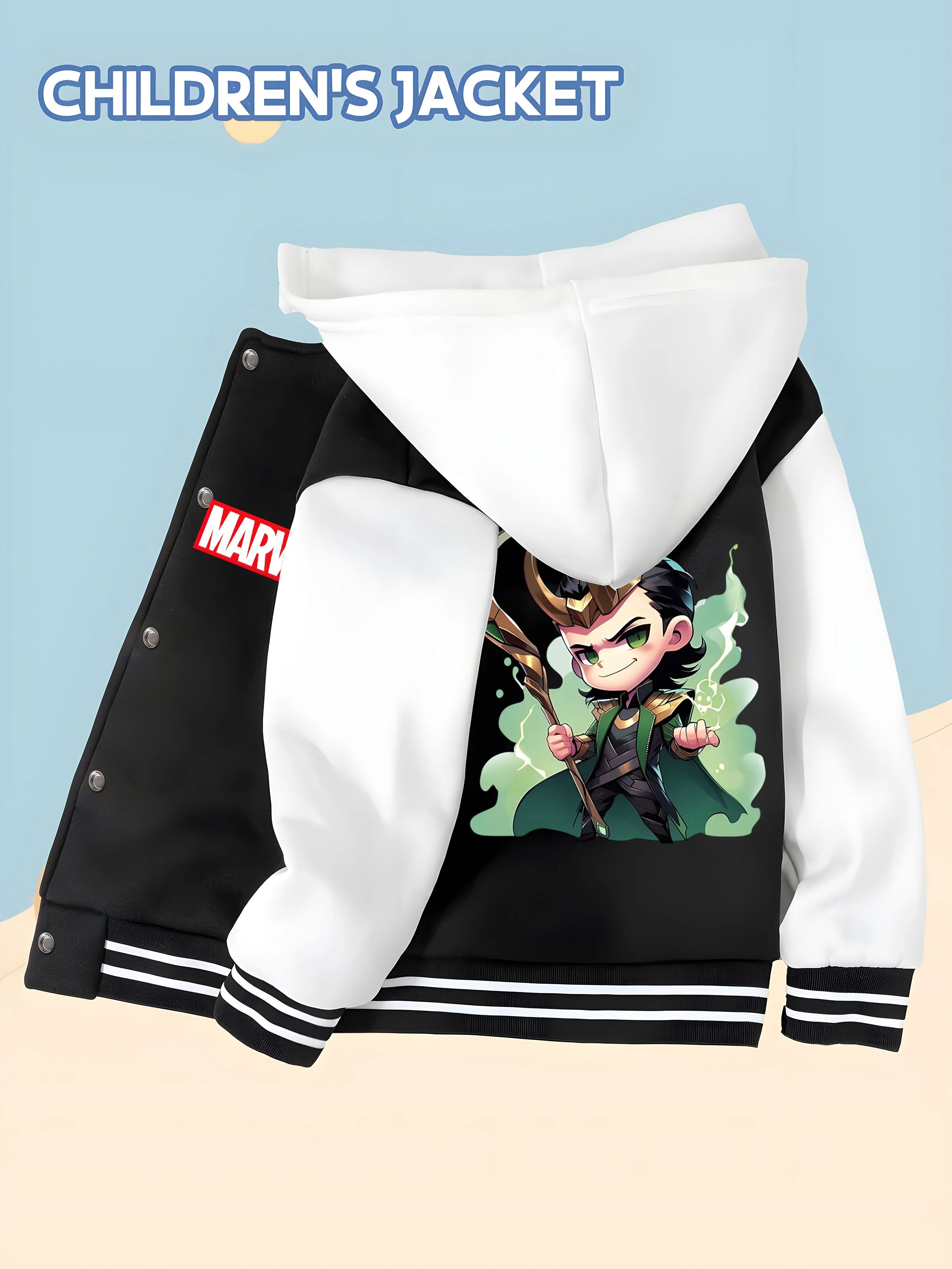 MINISO Marvel Boys' Baseball Jacket - Loki Print, Double-sided Pattern, Comfortable Fabric, Black and White, Fashionable for Fal
MINISO Marvel Boys' Baseball Jacket - Loki Print, Double-sided Pattern, Comfortable Fabric, Black and White, Fashionable for Fal