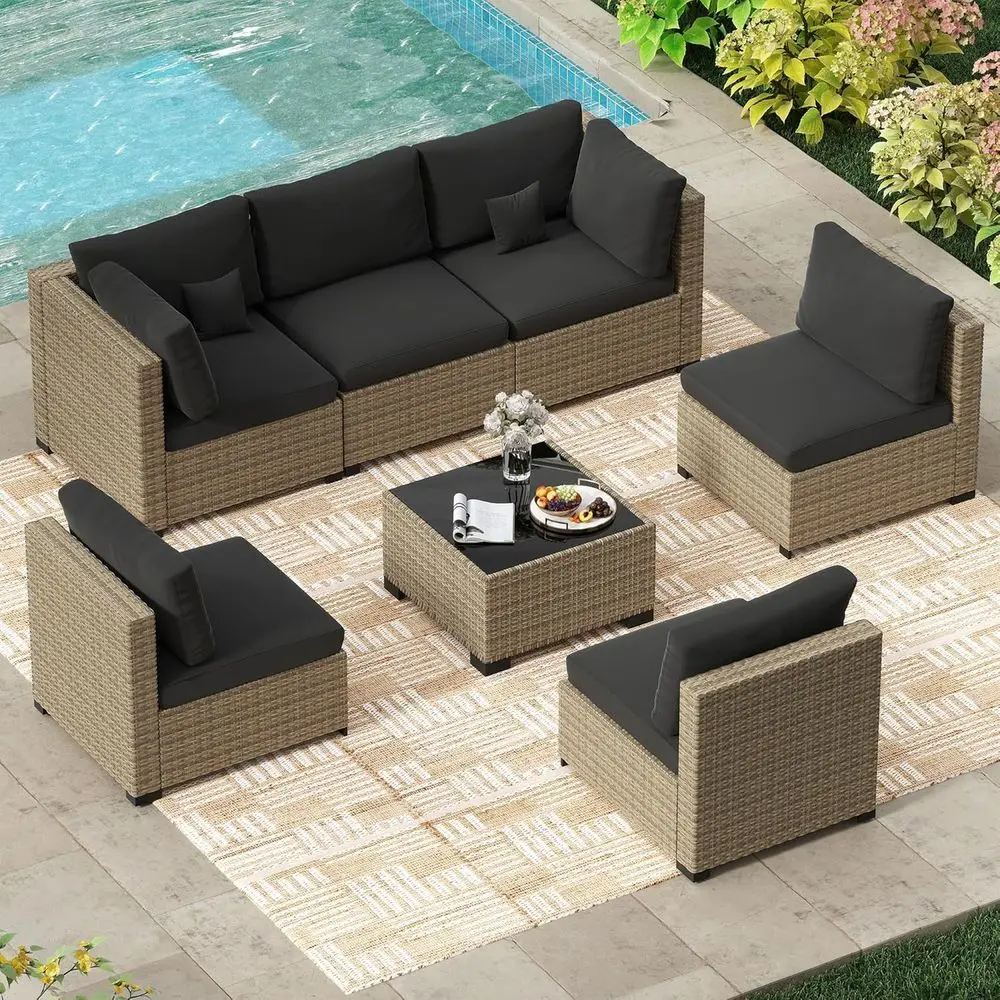7-Piece Outdoor Wicker Patio Furniture Set with Cushions for Backyard or Sectional Seating
7-Piece Outdoor Wicker Patio Furniture Set with Cushions for Backyard or Sectional Seating