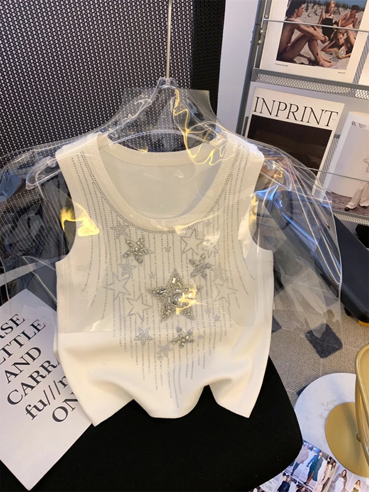 Summer White or Black Women Knit Vest Rhinestone Decoration U Neck Sleeveless Ladies Slim Knitted Tank Top 2025
Summer White or Black Women Knit Vest Rhinestone Decoration U Neck Sleeveless Ladies Slim Knitted Tank Top 2025