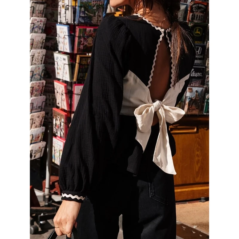 Women OL Elegant Big Bow Tied Back Hole Tops Contrast Ric Rac Long Sleeve Ruffle Hem Crewneck Shirts for Fall Spring
Women OL Elegant Big Bow Tied Back Hole Tops Contrast Ric Rac Long Sleeve Ruffle Hem Crewneck Shirts for Fall Spring