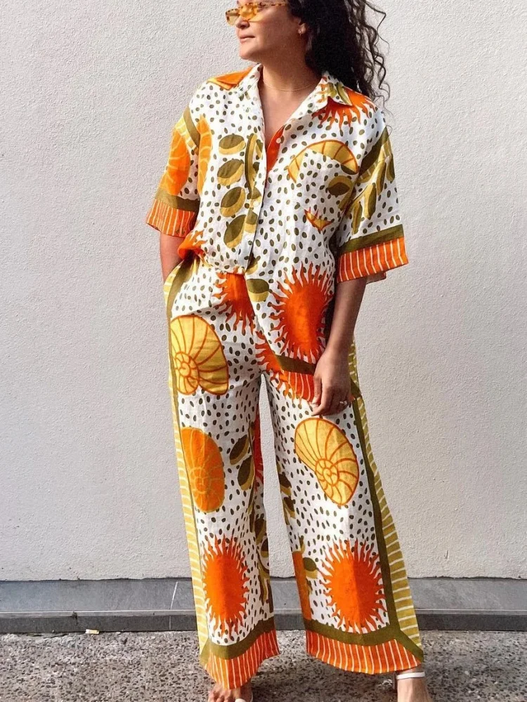 America Fashion Orange Graphic Beach Shirts Wide Leg Pants 2 Piece Sets Women Outfits Conch Striped Patchwork Vacation Clothing
America Fashion Orange Graphic Beach Shirts Wide Leg Pants 2 Piece Sets Women Outfits Conch Striped Patchwork Vacation Clothing