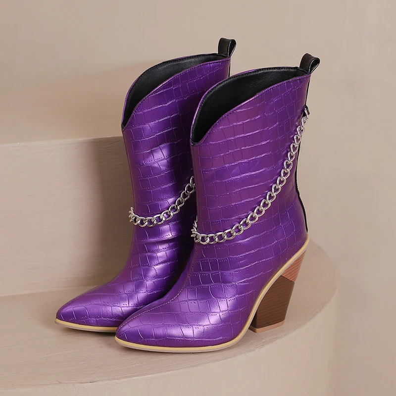 Sexy Alligator Western Boots Metal Chain Pointed Knight Boots Wedge Heel Heel Heightened and Slim Large Size Women's Medium Boot
Sexy Alligator Western Boots Metal Chain Pointed Knight Boots Wedge Heel Heel Heightened and Slim Large Size Women's Medium Boot