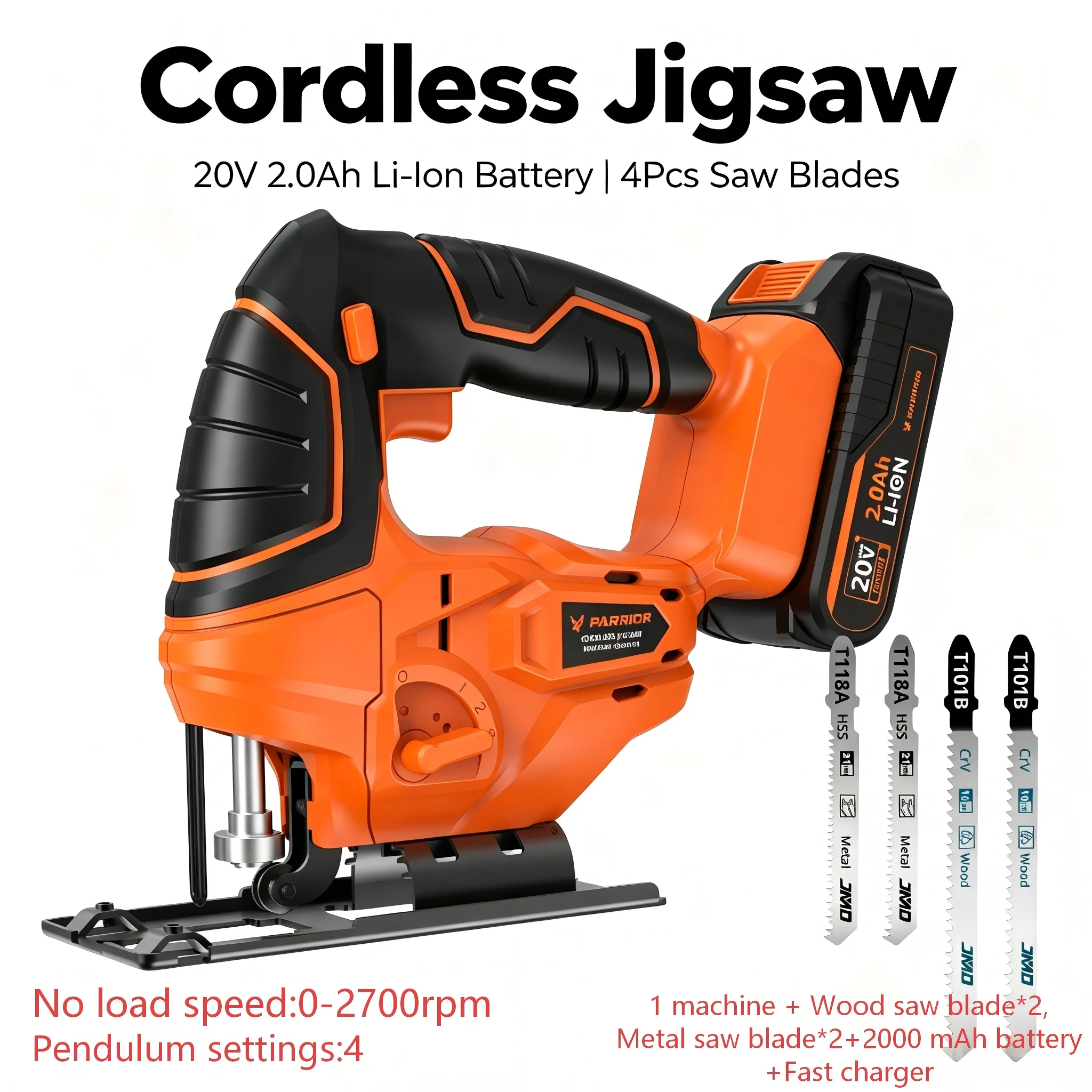 Cordless Jig Saw, 20V Electric Jigsaw with 2.0AH Battery and Charger Max Cutting Depth of Wood and Metal 80mm/5mm, 2700RPM, Jigsaw Tool Kit for Wood, Metal and Plastic Cutting
Cordless Jig Saw, 20V Electric Jigsaw with 2.0AH Battery and Charger Max Cutting Depth of Wood and Metal 80mm/5mm, 2700RPM, Jigsaw Tool Kit for Wood, Metal and Plastic Cutting