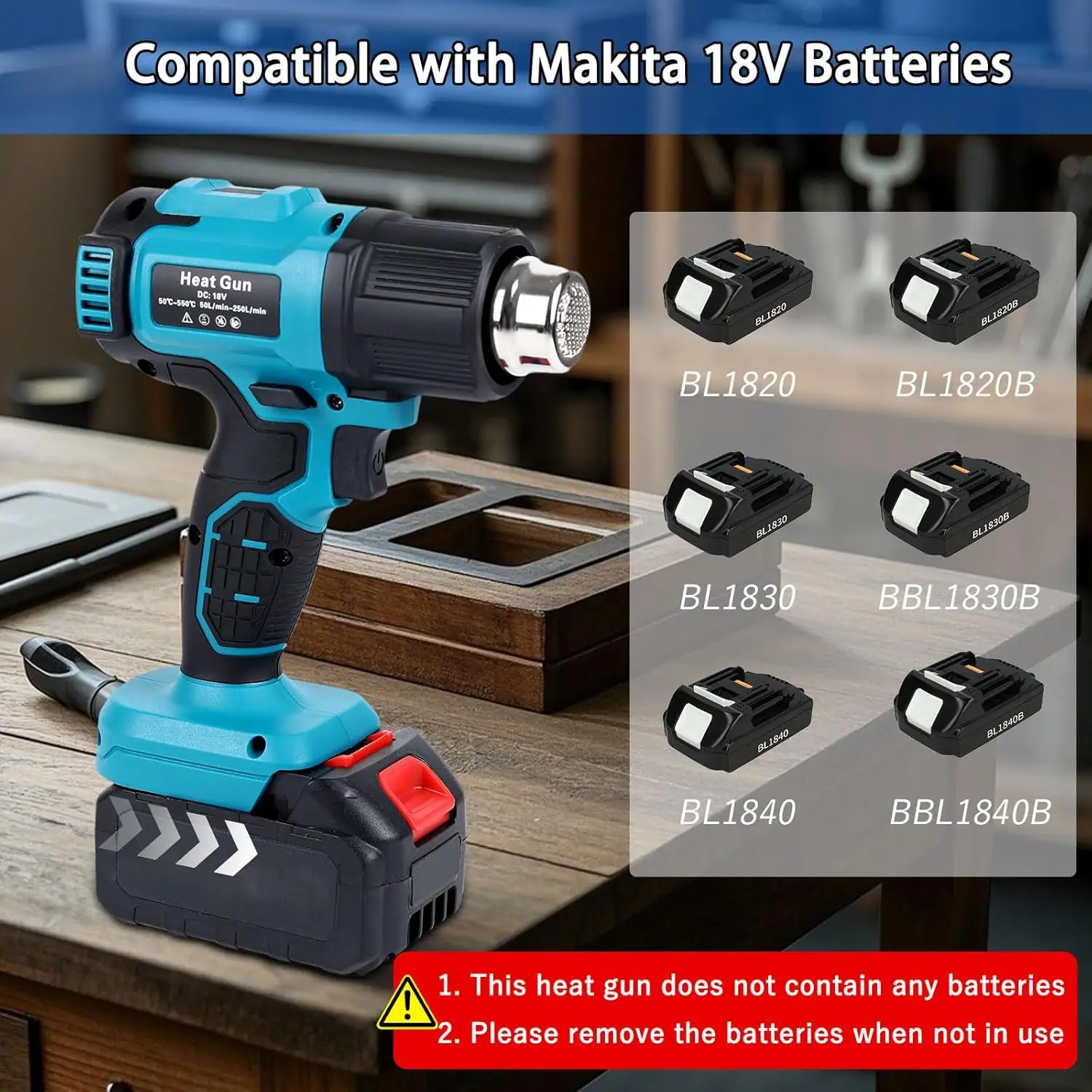 Cordless Heat Gun Compatible with 18v Battery, Fast Heating Variable Temp (122°F~1022°F) Hot Air Gun LCD Display and 3 Nozzle
Cordless Heat Gun Compatible with 18v Battery, Fast Heating Variable Temp (122°F~1022°F) Hot Air Gun LCD Display and 3 Nozzle