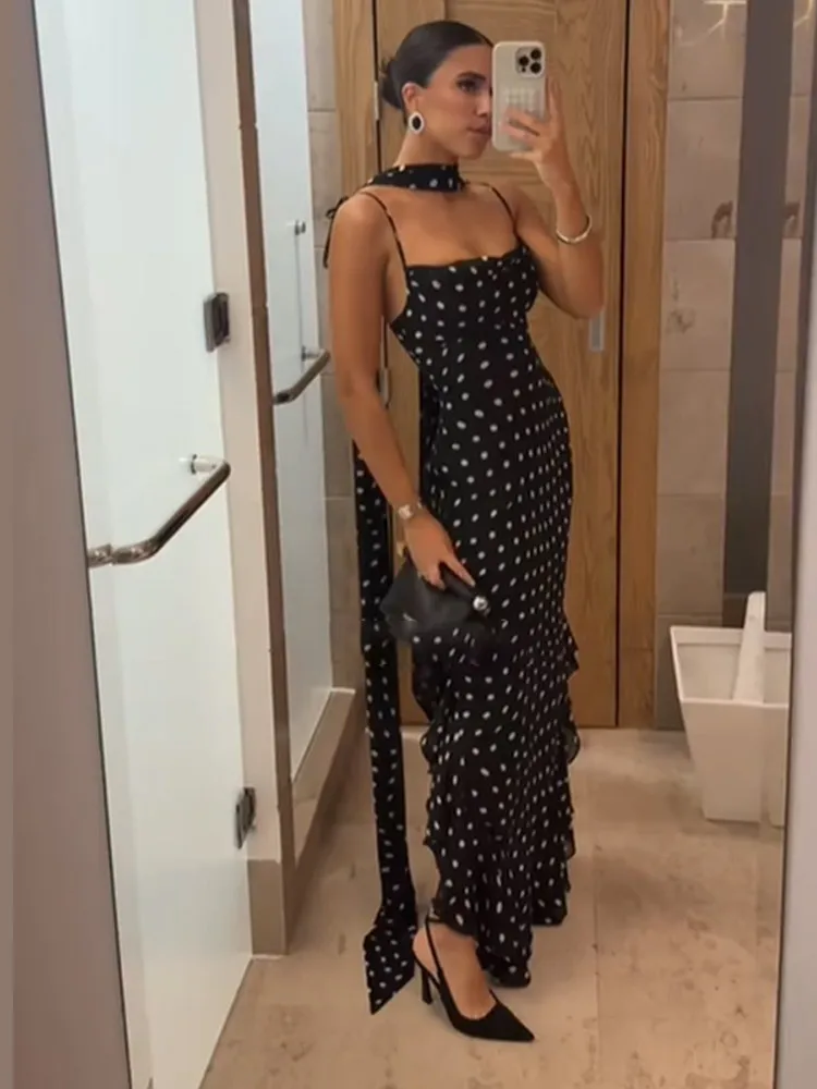 Elegant Polka Dot Long Dress Spring Summer Scarf Ribbon Ruffle Halter Pleated Dress Luxury Sleeveless Women's Evening Dresses
Elegant Polka Dot Long Dress Spring Summer Scarf Ribbon Ruffle Halter Pleated Dress Luxury Sleeveless Women's Evening Dresses