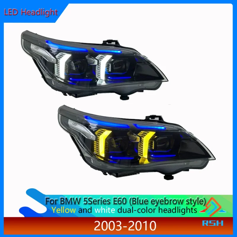 Сборка фар для BMW 5 серии E60 2003-2010, модификация с синей бровью, светодиодная желтая и белая двухцветная дневная ходовая лампа и поворотный сигнал
Сборка фар для BMW 5 серии E60 2003-2010, модификация с синей бровью, светодиодная желтая и белая двухцветная дневная ходовая лампа и поворотный сигнал