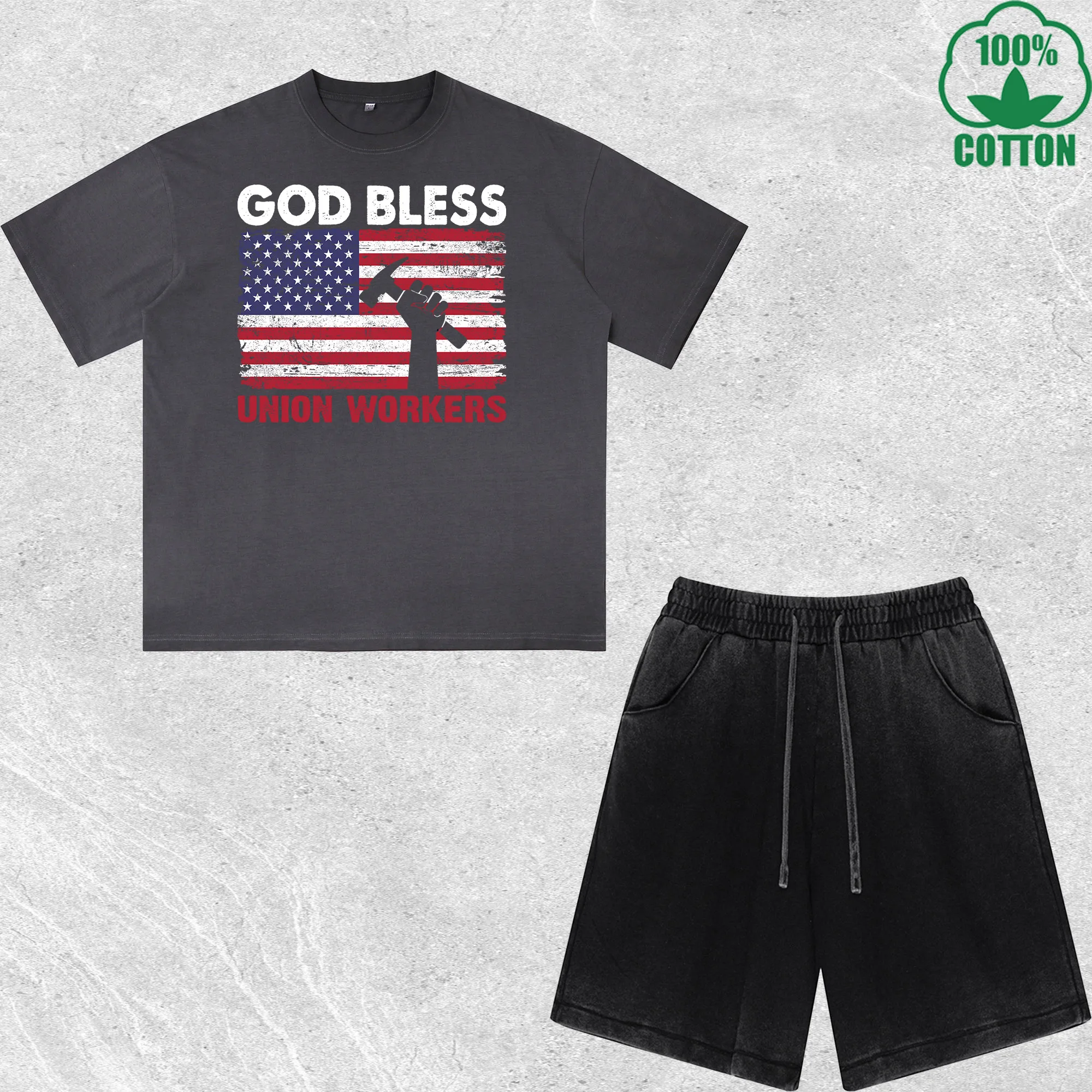God Bless Union Workers Printed Dirty Wash 100%Cotton T-Shirt Shorts Set Multicolor Combo Loose Trendy Fashionable
God Bless Union Workers Printed Dirty Wash 100%Cotton T-Shirt Shorts Set Multicolor Combo Loose Trendy Fashionable