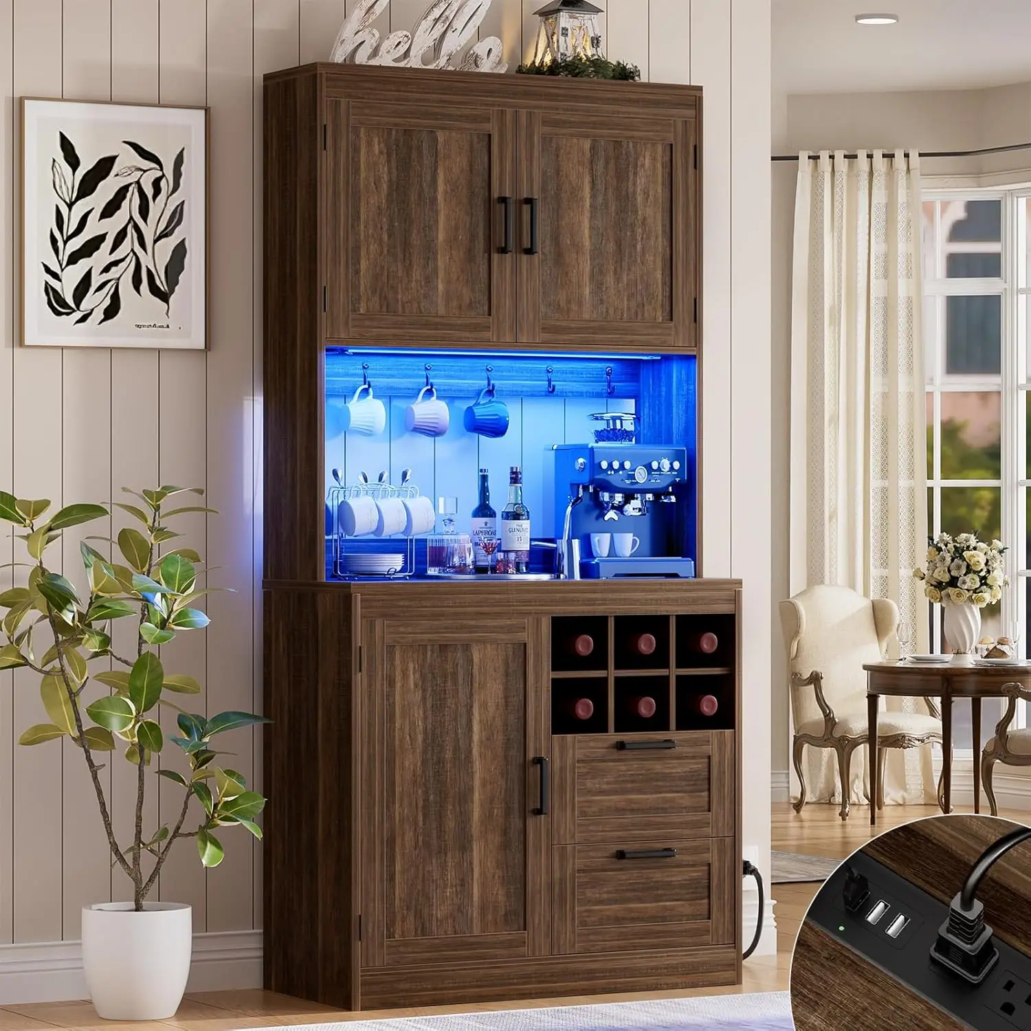 72" Tall Kitchen Pantry Cabinet with LED Light & Outlet, Kitchen Hutch Coffee Bar with Microwave Stand, Wine Rack,, Customized
72" Tall Kitchen Pantry Cabinet with LED Light & Outlet, Kitchen Hutch Coffee Bar with Microwave Stand, Wine Rack,, Customized