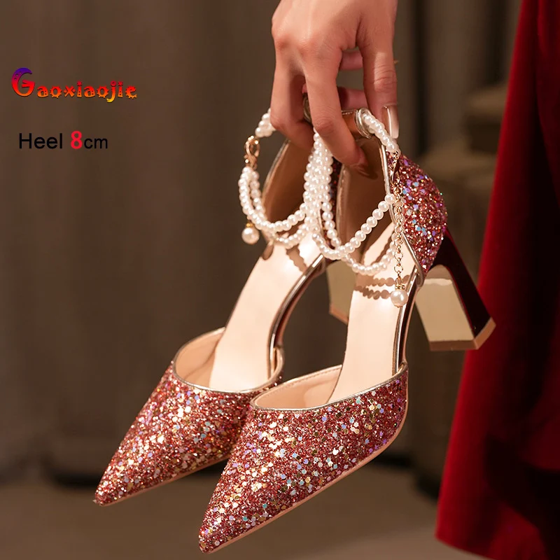 Women Pointy Toe Sandals Luxury Party Shoes Sexy Side Empty Pearl Ankle Strap Lady Thick High Heels 6CM 8CM Summer Sequin Pumps
Women Pointy Toe Sandals Luxury Party Shoes Sexy Side Empty Pearl Ankle Strap Lady Thick High Heels 6CM 8CM Summer Sequin Pumps