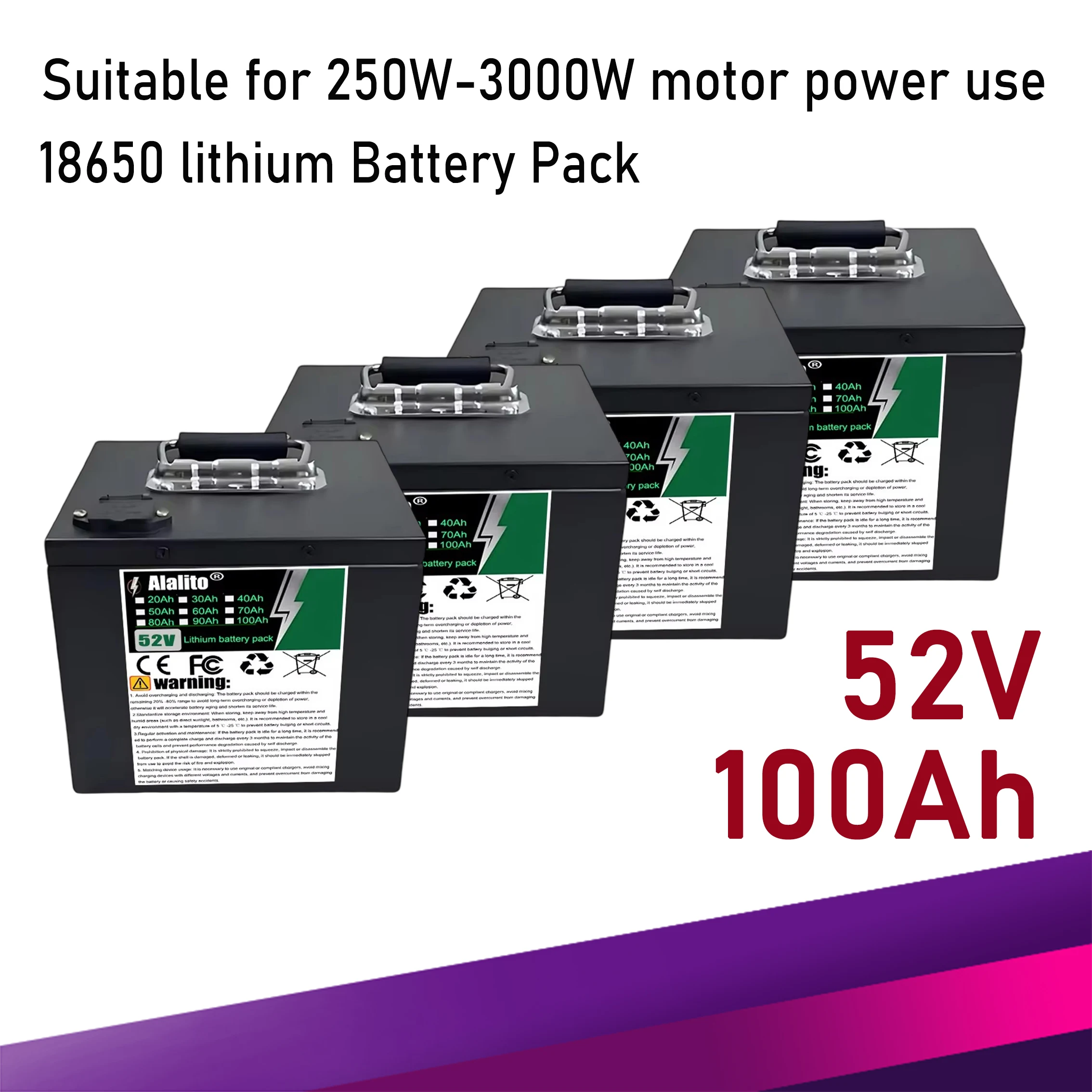 52V 100Ah, Multi capacity option, 18650 lithium battery pack, for equipment motors below 3000W, air freight
52V 100Ah, Multi capacity option, 18650 lithium battery pack, for equipment motors below 3000W, air freight