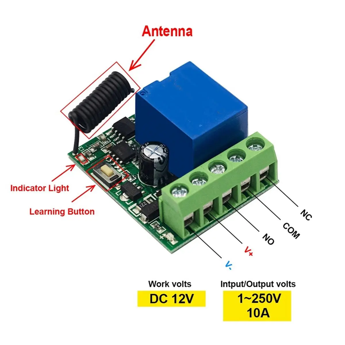 A72Z 433MHz Wireless Remote Control Switch DC 12V 10A 1CH Relay Module Receiver on OFF Remote Control for Gate Led Lights DIY
A72Z 433MHz Wireless Remote Control Switch DC 12V 10A 1CH Relay Module Receiver on OFF Remote Control for Gate Led Lights DIY