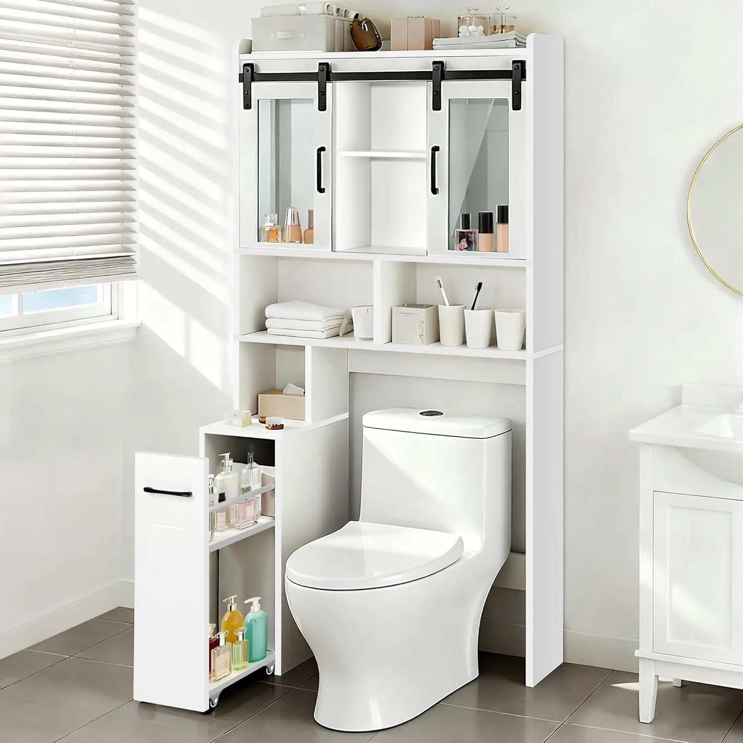 Extendable Rolling Drawer-Style Toilet Storage Cabinet. Conveniently Mobile. Sliding Storage Doors. Adjustable Shelving. Comp
Extendable Rolling Drawer-Style Toilet Storage Cabinet. Conveniently Mobile. Sliding Storage Doors. Adjustable Shelving. Comp