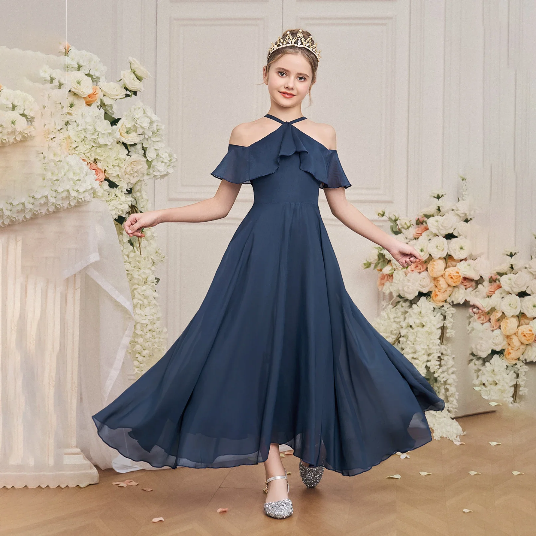 Navy Blue Chiffon Girls' Dress Off - Shoulder Halter Neck Ruffled Sleeves Ball Gown for Party/Wedding Elegant Princess Outfit
Navy Blue Chiffon Girls' Dress Off - Shoulder Halter Neck Ruffled Sleeves Ball Gown for Party/Wedding Elegant Princess Outfit