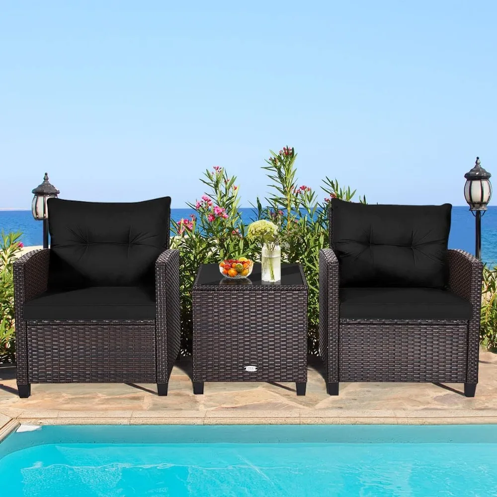 3 Piece Patio Furniture Set, Wicker Bistro Conversation Set W/Cushioned Armchairs & Glass Topped Table, Outdoor Rattan Sofa Set
3 Piece Patio Furniture Set, Wicker Bistro Conversation Set W/Cushioned Armchairs & Glass Topped Table, Outdoor Rattan Sofa Set