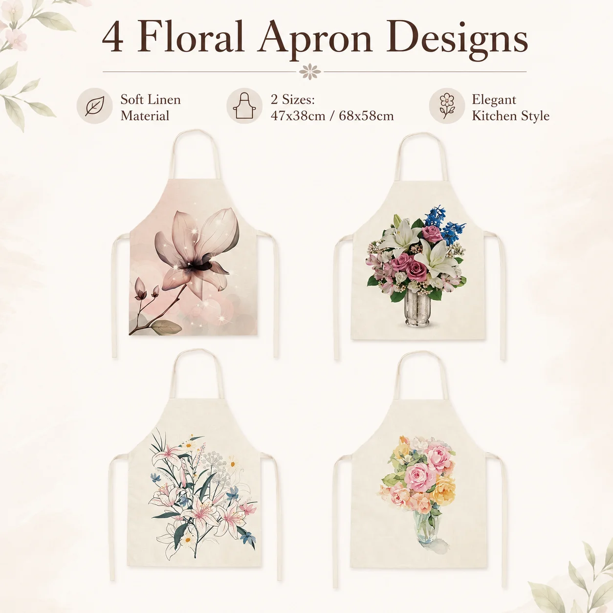 Elegant Watercolor Floral Bouquet Print Linen Apron Women Sleeveless Kitchen Cooking Baking Bib Florist Gardening Pinafore
Elegant Watercolor Floral Bouquet Print Linen Apron Women Sleeveless Kitchen Cooking Baking Bib Florist Gardening Pinafore