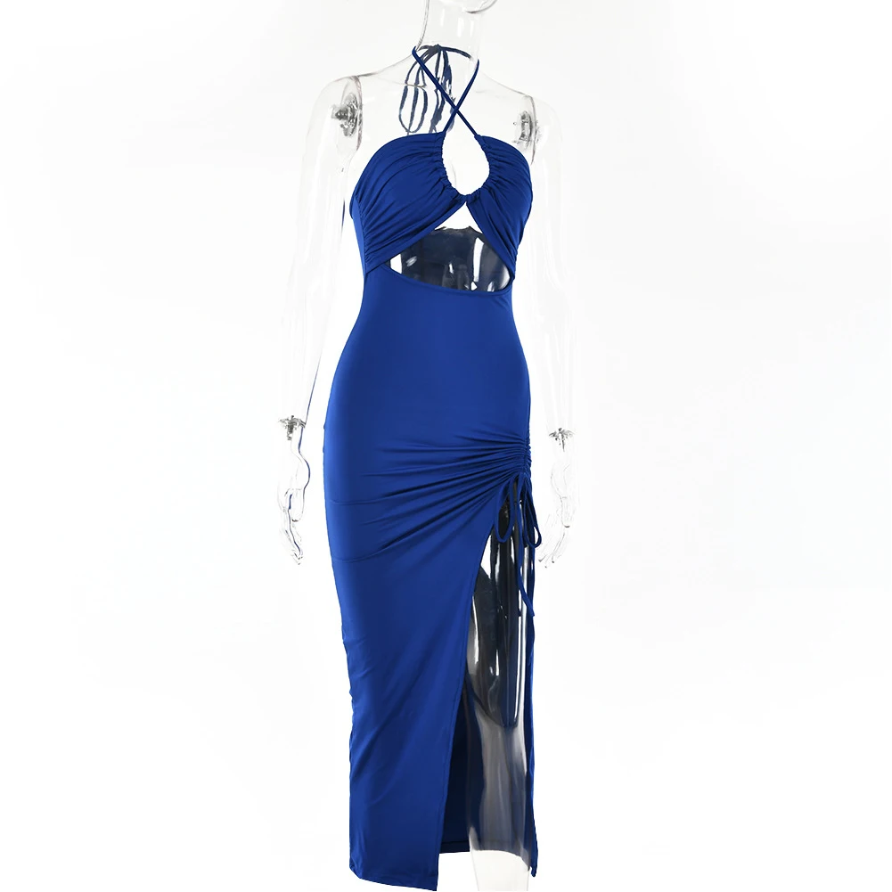Women Halter Hollow Out Drawstring Long Dress Backless High Split Ruched Dresses Solid Low Cut Bandeau Beach Dress For Summer
Women Halter Hollow Out Drawstring Long Dress Backless High Split Ruched Dresses Solid Low Cut Bandeau Beach Dress For Summer