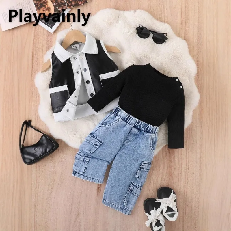 Girls Spring Autumn Fashion Outfits Set Black Pit Stripe Top+Patchwork Color Faux Leather Waistcoat+Straight Leg Jeans X1012
Girls Spring Autumn Fashion Outfits Set Black Pit Stripe Top+Patchwork Color Faux Leather Waistcoat+Straight Leg Jeans X1012