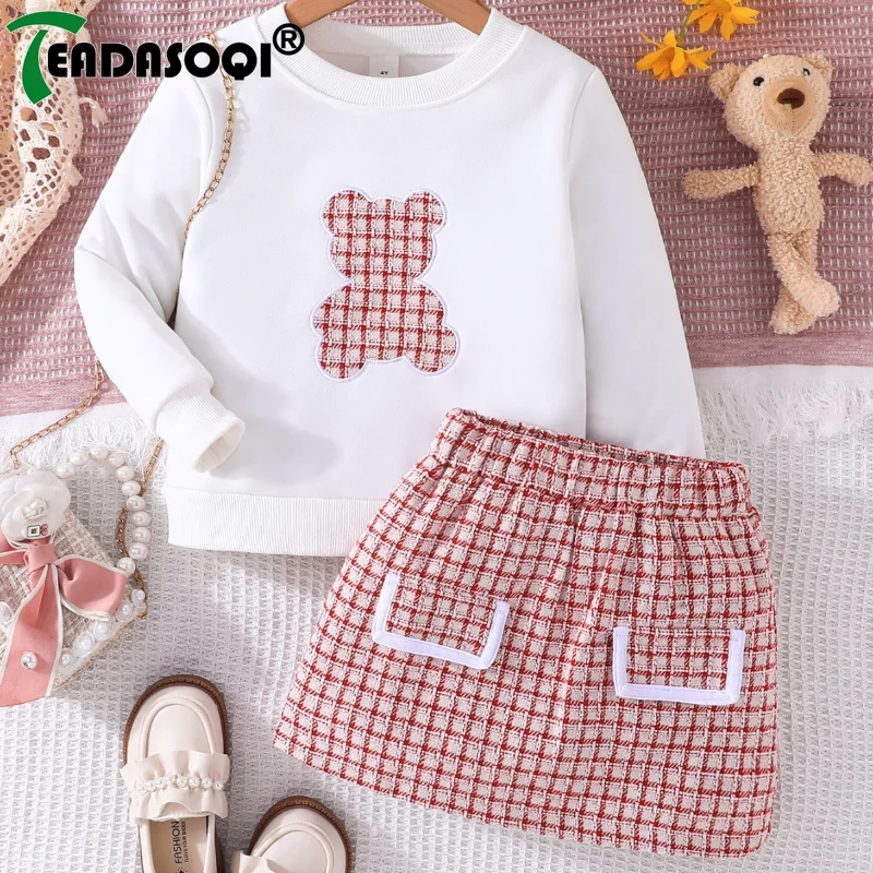 

4-7Y Kids Girls Spring Autumn Outfits Long Sleeve Cartoon Bear Embroidery Sweatshirt Tops+Plaid Skirt Children 2Pcs Set Clothes
