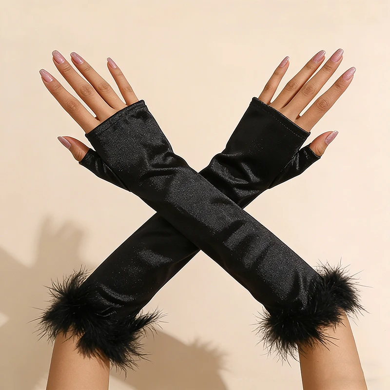 44cm Women Satin Solid Long Fingerless Gloves with Feather Trim Elegant Evening Party Opera Stage Performance Stretch Soft
44cm Women Satin Solid Long Fingerless Gloves with Feather Trim Elegant Evening Party Opera Stage Performance Stretch Soft