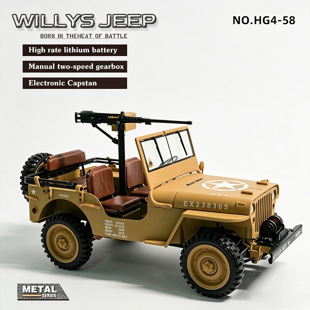 1/14 Willys Military Vehicle 2.4G 4WD off-road Electric Remote Control Model Car Simulation Military Crawler Toys HG4-58
1/14 Willys Military Vehicle 2.4G 4WD off-road Electric Remote Control Model Car Simulation Military Crawler Toys HG4-58