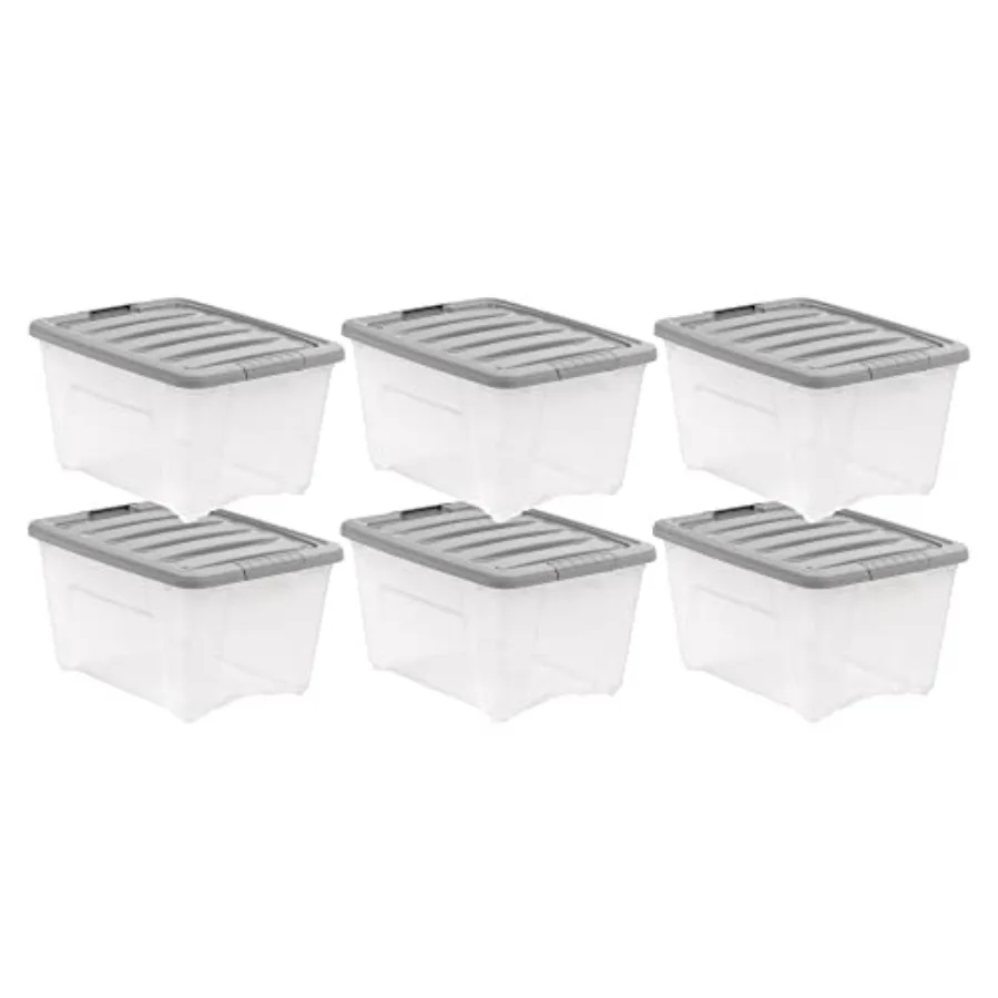 Basics Plastic Storage Containers with Secure Latching Lids Stackable Organization Bins 32 Quart Set of 6 Clear Grey
Basics Plastic Storage Containers with Secure Latching Lids Stackable Organization Bins 32 Quart Set of 6 Clear Grey