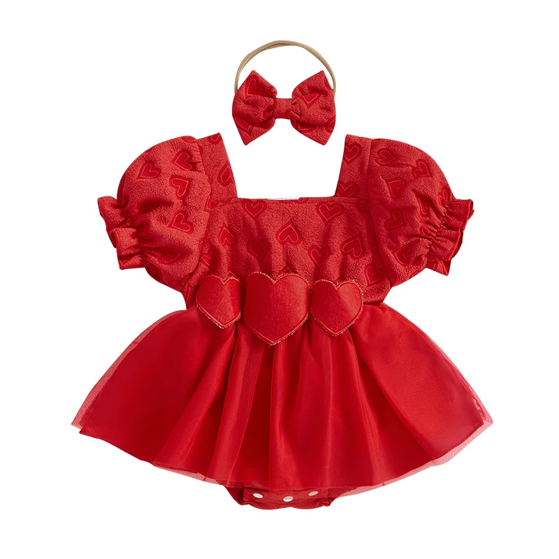 Baby Girl Summer Romper Dress Short Puff Sleeve Square Neck Heart Pattern Jumpsuit with Bow Headband
Baby Girl Summer Romper Dress Short Puff Sleeve Square Neck Heart Pattern Jumpsuit with Bow Headband