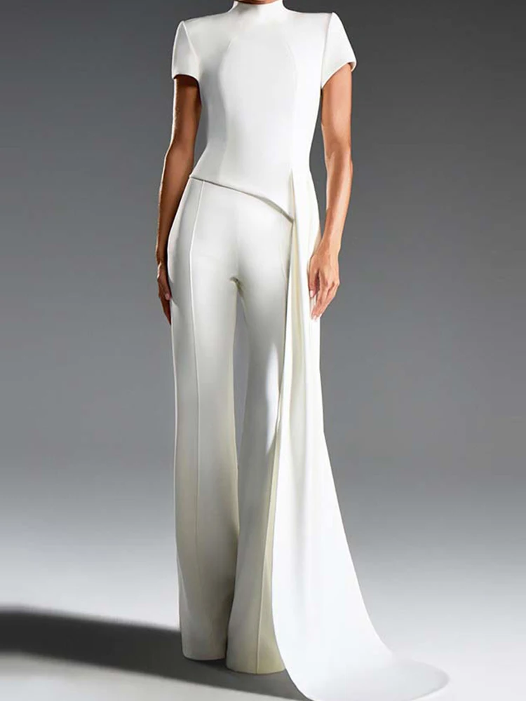 Женский элегантный костюм из 2 предметов для поездок на работу, модный однотонный однотонный комплект с воротником-стойкой, повседневный пуловер с короткими рукавами и длинные брюки, наряды 
Женский элегантный костюм из 2 предметов для поездок на работу, модный однотонный однотонный комплект с воротником-стойкой, повседневный пуловер с короткими рукавами и длинные брюки, наряды