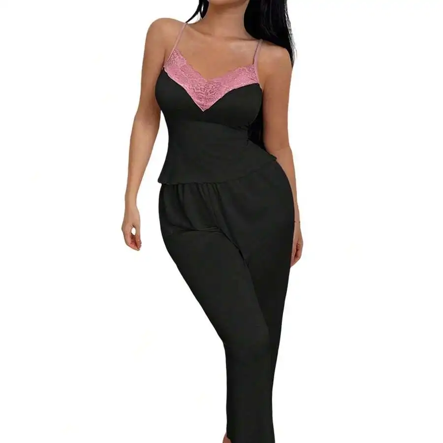 Women Pink Lace Trim V-Neck Satin Cami Pajama Set Wide Leg Pants Loungewear
Women Pink Lace Trim V-Neck Satin Cami Pajama Set Wide Leg Pants Loungewear