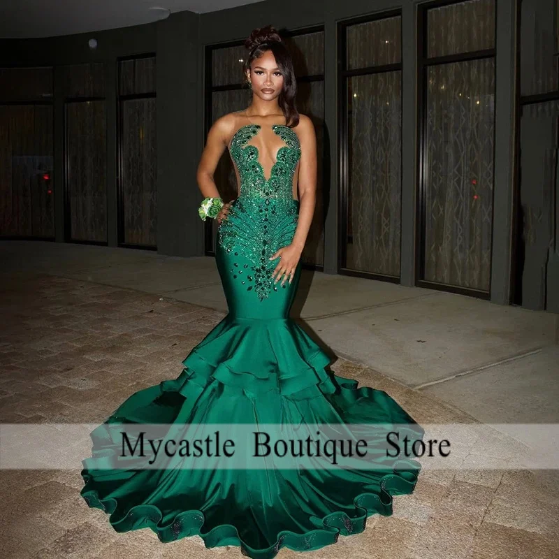 Sexy Diamond Prom Dresses for Black Girl O-Neck Mermaid Wedding Party Gowns Customized Ruffles Court Train vestidos de gala
Sexy Diamond Prom Dresses for Black Girl O-Neck Mermaid Wedding Party Gowns Customized Ruffles Court Train vestidos de gala