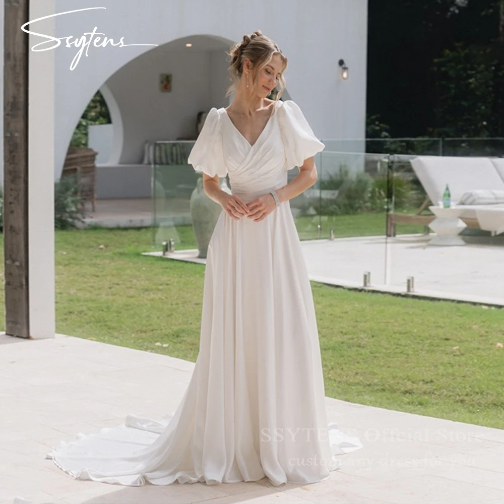 SSYTENS Elegant White Satin Wedding Dresses Short Sleeves Puff Backless Bridal Dress For Women Simple Robe De Mariee Customized
SSYTENS Elegant White Satin Wedding Dresses Short Sleeves Puff Backless Bridal Dress For Women Simple Robe De Mariee Customized