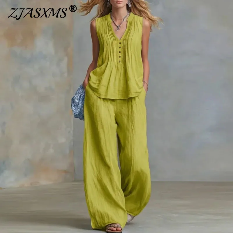Comfy Casual Solid Loose Women's Suit Spring V Neck Pleated Button Top Wide Leg Pants Set Summer Sleeveless Femme 2 Piece Outfit
Comfy Casual Solid Loose Women's Suit Spring V Neck Pleated Button Top Wide Leg Pants Set Summer Sleeveless Femme 2 Piece Outfit
