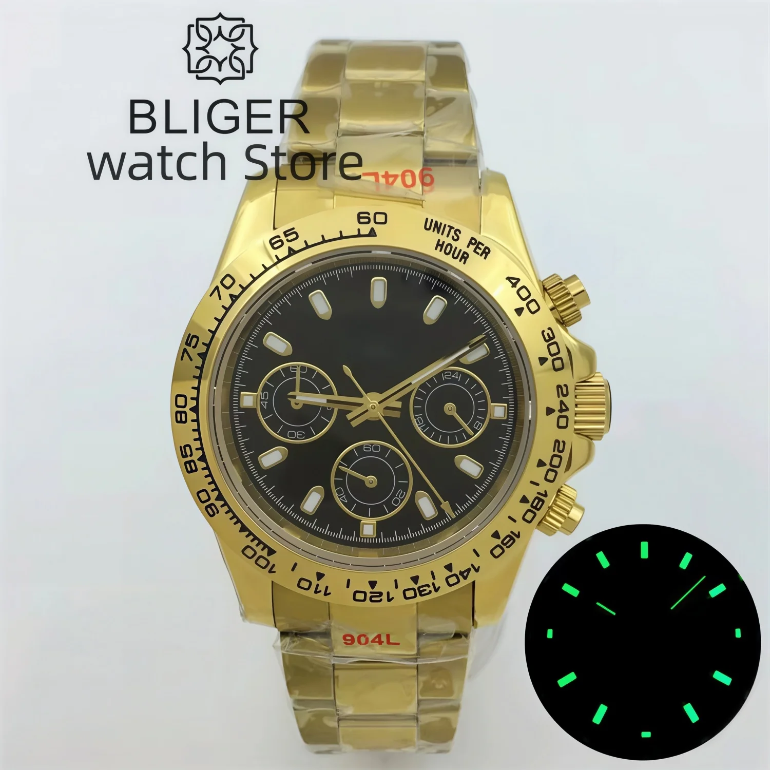 BLIGER 39mm Luxury Fashion Gold Quartz Chronograph Business Men's Watch VK63 Movement Sapphire Crystal Black Dial Luminous index
BLIGER 39mm Luxury Fashion Gold Quartz Chronograph Business Men's Watch VK63 Movement Sapphire Crystal Black Dial Luminous index