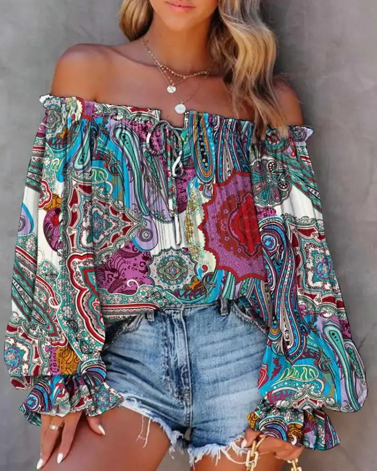 Women's off shoulder collar long sleeved casual style 2024 summer new tribal print off shoulder lantern sleeve top
Women's off shoulder collar long sleeved casual style 2024 summer new tribal print off shoulder lantern sleeve top