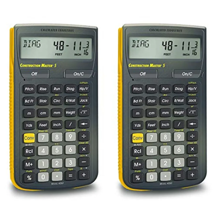 Construction calculator for professional use, durable plastic housing, black with yellow accents, dual units conversion and bui
Construction calculator for professional use, durable plastic housing, black with yellow accents, dual units conversion and bui